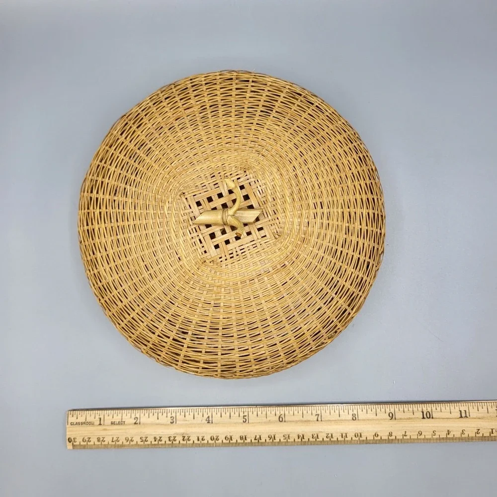 Vintage Woven Bamboo Basket Lid Round Handcrafted Decorative Tan Brown READ